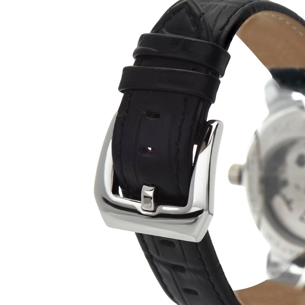 Back view photograph of a men's luxury watch showing a genuine leather strap fastened with polished stainless steel buckle closure, highlighting the stitching details and strap adjustments against a clean background.