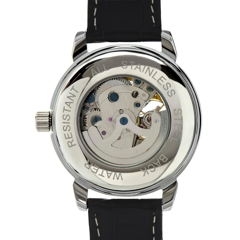 a stainless steel watch back with black leather strap and a white background.