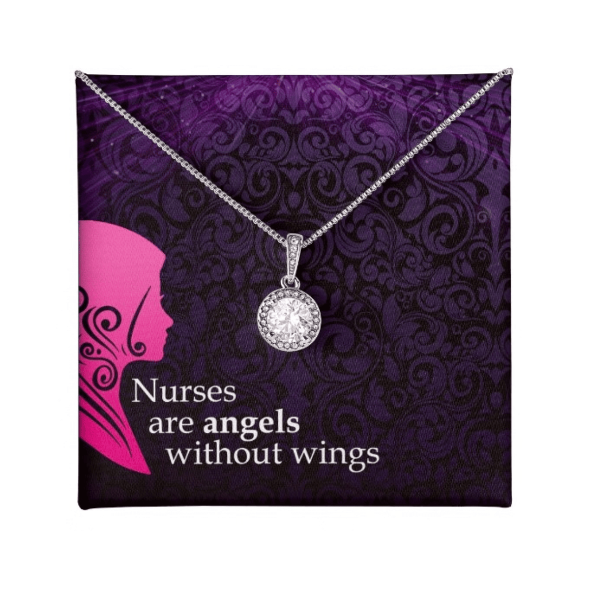 A silver-tone round pendant necklace with a clear faceted center stone, displayed on a purple printed card that reads 'Nurses are angels without wings' with a pink nurse silhouette.
