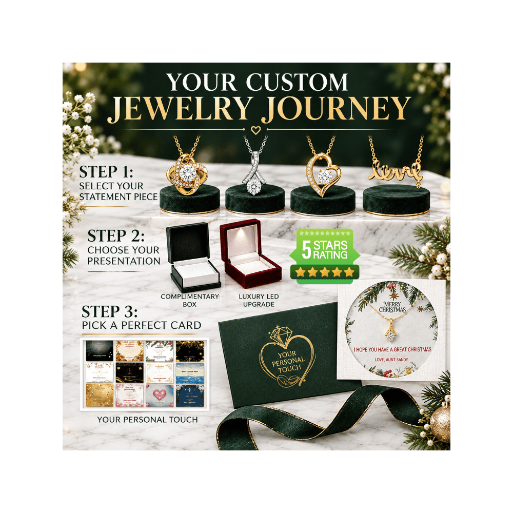 Custom jewelry gift service graphic titled 'YOUR CUSTOM JEWELRY JOURNEY' showing a step-by-step process: selecting a statement piece, choosing presentation, and picking a perfect card. The image includes several necklace displays on dark velvet stands, a 5-star rating badge, a green personalized card, a matching card sleeve, and a green ribbon, all arranged on a marble surface with holiday greenery and ornaments.