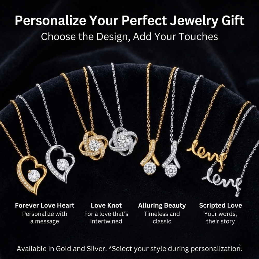 Product display of four personalized pendant necklace styles arranged on a black velvet background. Each style is shown in both yellow gold and white silver finishes. The designs are labeled from left to right: "Forever Love Heart" with a crystal-accented heart, "Love Knot" with an intertwined crystal cluster, "Alluring Beauty" with a ribbon-style crystal drop, and "Scripted Love" spell out necklace. Header text reads "Personalize Your Perfect Jewelry Gift".