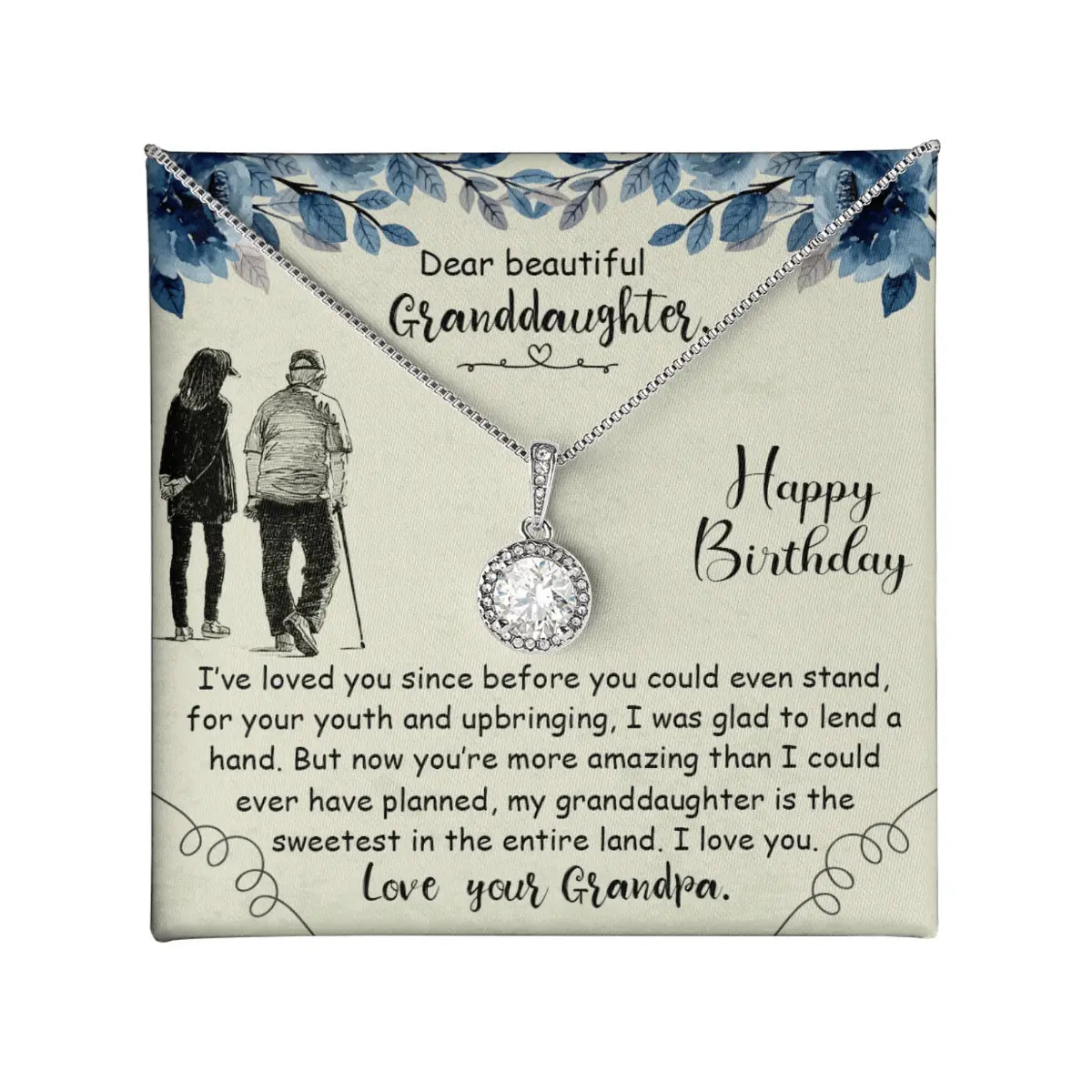 A personalized necklace gift card for a granddaughter, featuring a silver pendant with a clear round gemstone on a cream-colored card with blue floral illustrations and a touching birthday message.