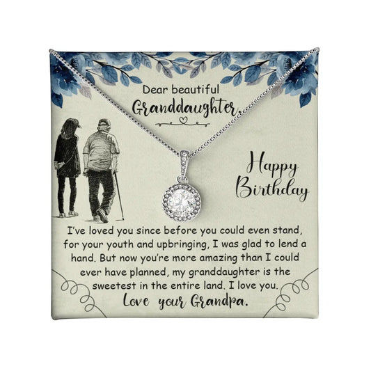 A personalized necklace gift card for a granddaughter, featuring a silver pendant with a clear round gemstone on a cream-colored card with blue floral illustrations and a touching birthday message.