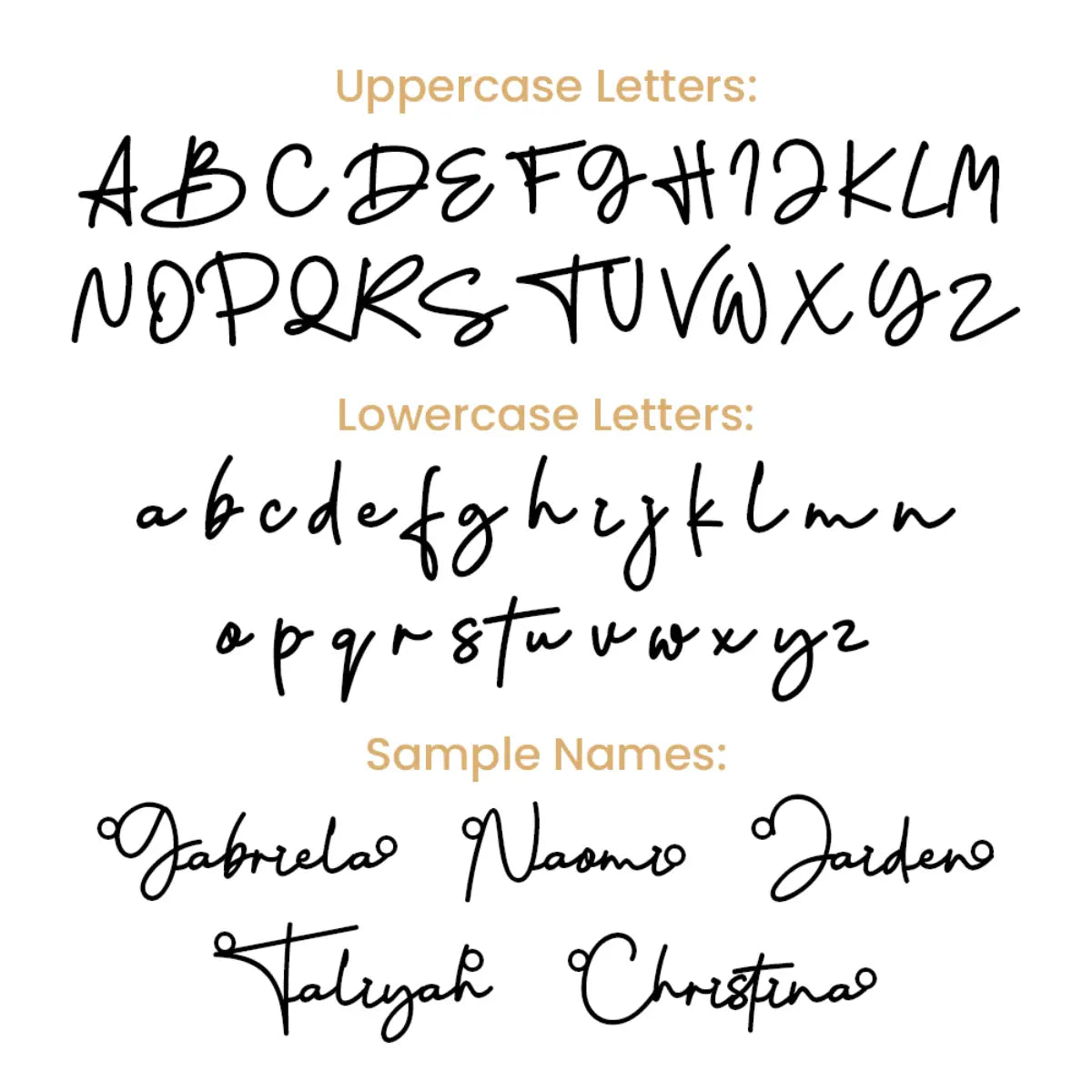 Custom necklace signature script font preview showing black uppercase and lowercase handwritten letters on a white background.
