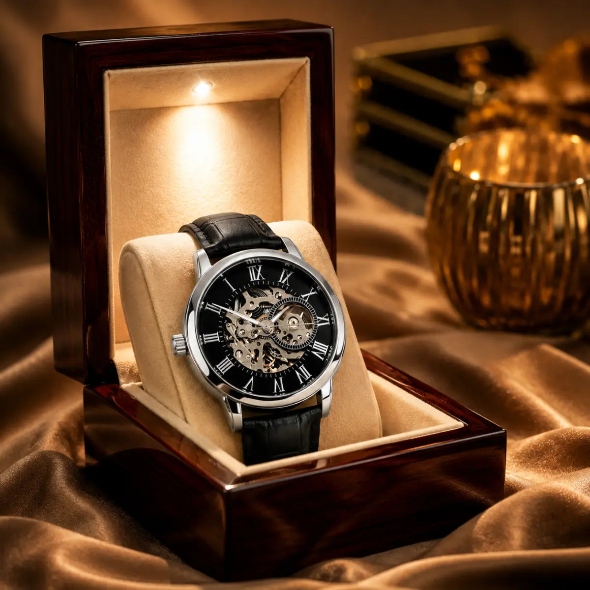 Un reloj de pulsera tipo esqueleto, con correa de cuero negro y esfera negra, descansa en un estuche de presentación de madera oscura abierta con un cojín beige; el conjunto está dispuesto sobre una tela de satén drapeada, con un objeto decorativo dorado desenfocado al fondo.