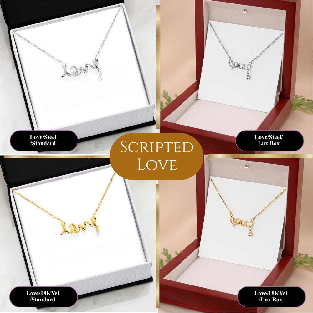 Four product variants of a script 'love' pendant necklace are displayed in different gift boxes. The top-left shows a silver necklace in a white box, the bottom-left shows a gold necklace in a white box, and the top-right and bottom-right show the matching script necklaces in red and brown luxury boxes.