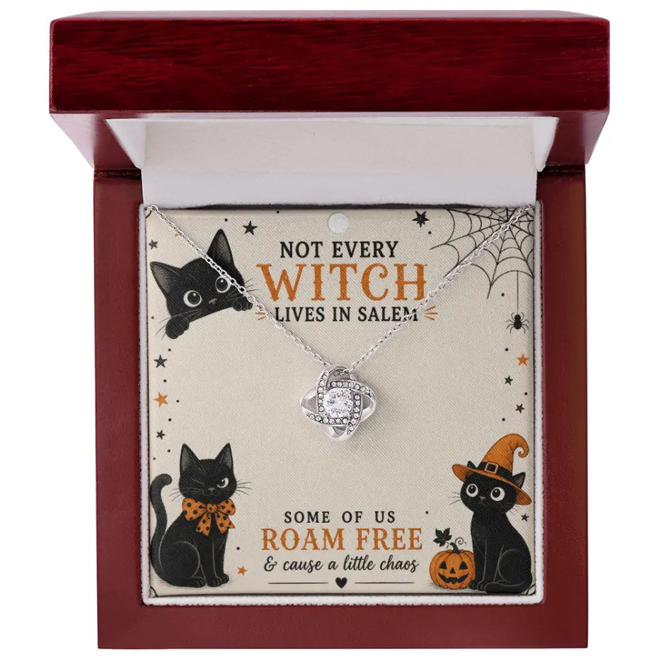 A silver necklace with a clear crystal pendant displayed inside a dark red gift box. The necklace is attached to a printed card featuring Halloween-themed illustrations of black cats, a spiderweb, and text that reads 'NOT EVERY WITCH LIVES IN SALE! SOME OF US ROAM FREE & cause a little chaos'.