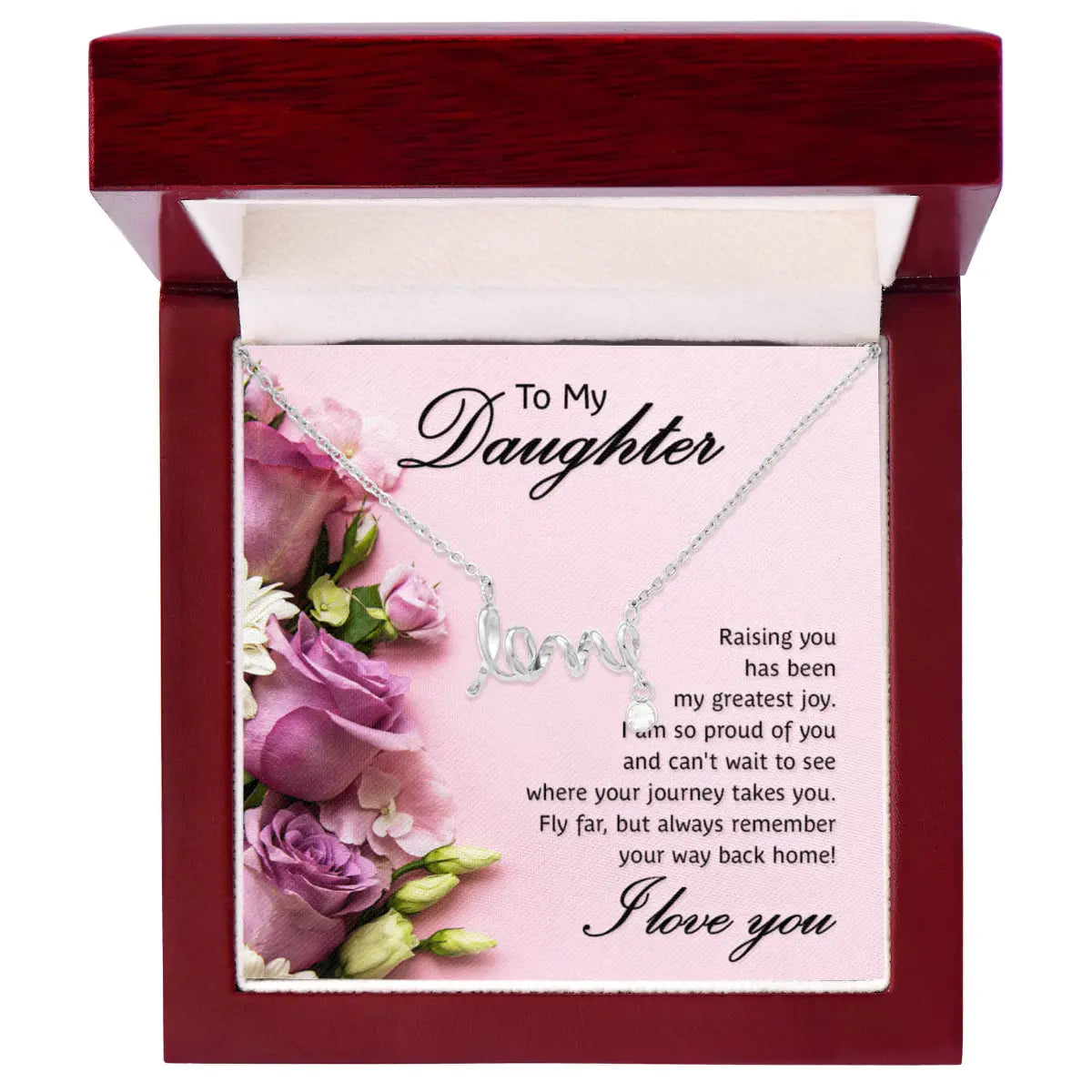A silver 'I love you' initial necklace presented in a dark red wooden gift box. The necklace is displayed on a pink card addressed 'To My Daughter' with a floral design and a sentimental poem.