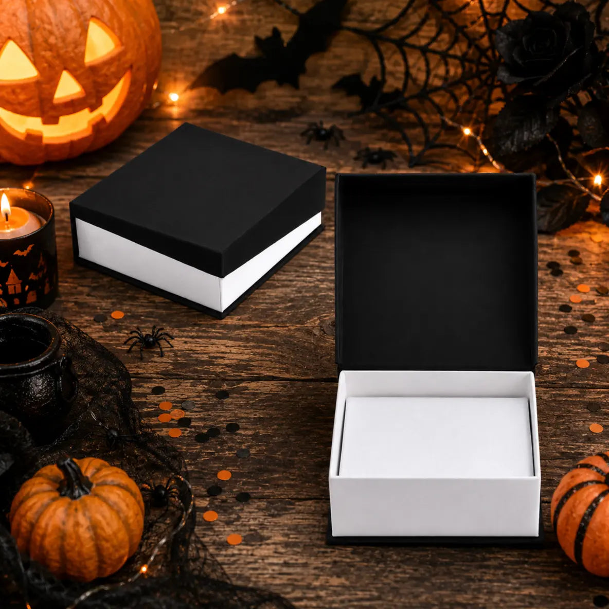 A pair of black and white square gift boxes on a rustic wooden table decorated for Halloween, with one box closed and one open showing the interior.