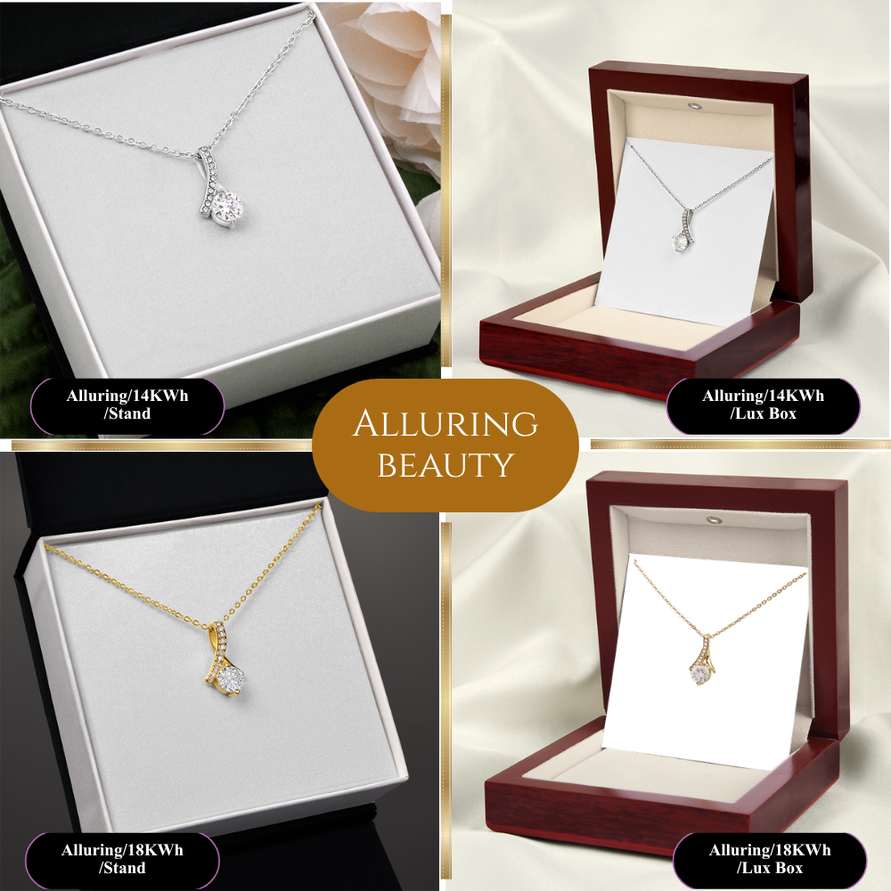A 2x2 collage showing two necklace stand options and two jewelry box options, each with a small pendant necklace displayed inside. The left panels show silver and gold chains with clear teardrop-shaped stones on white stands, and the right panels show matching dark wood and light wood boxes with white inserts.