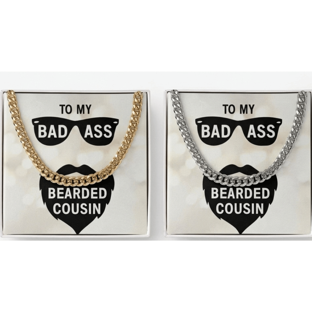 Two necklaces displayed side by side in their retail packaging. The left necklace is a gold chain with a black pendant shaped like sunglasses and a black beard, with the text 'TO MY BAD ASS BEARDED COUSIN'.