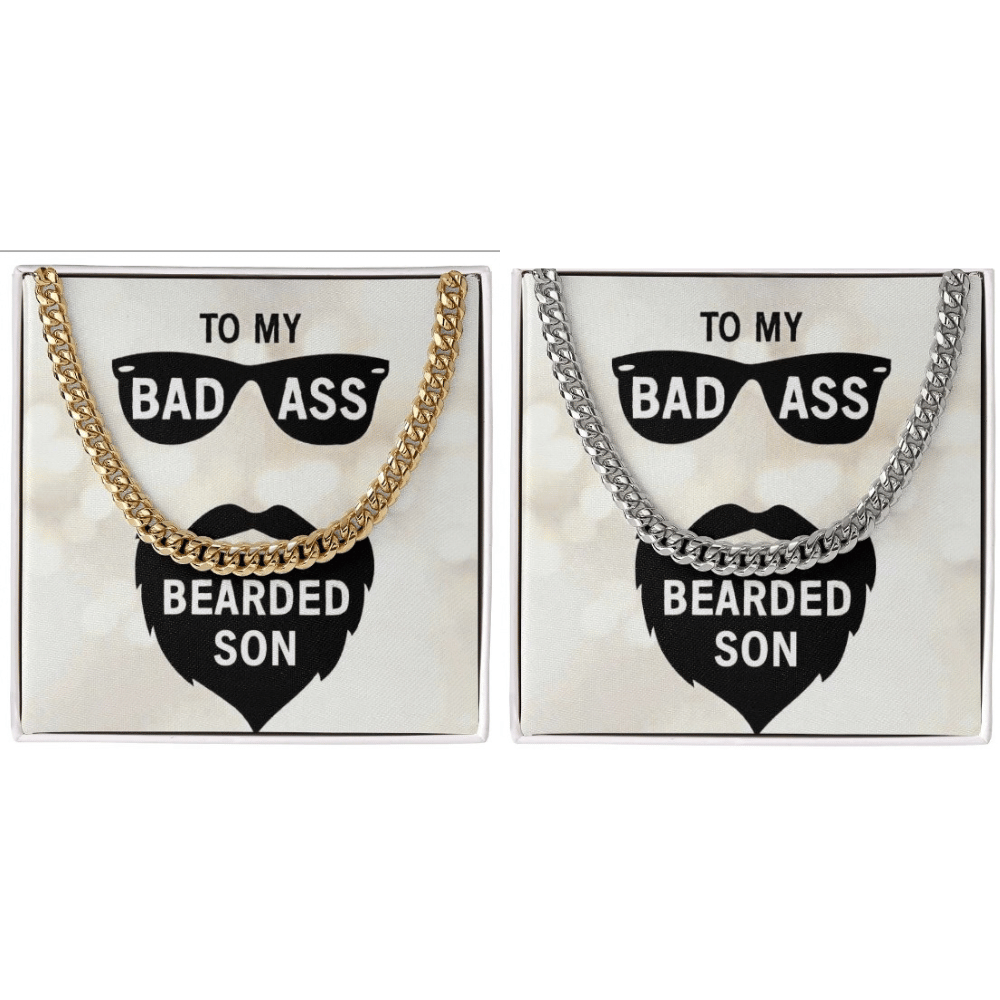 Two necklace gift boxes shown side by side on a white background. The left box contains a gold chain necklace with a black heart-shaped pendant that reads 'TO MY BAD ASS BEARED SON' with sunglasses above.