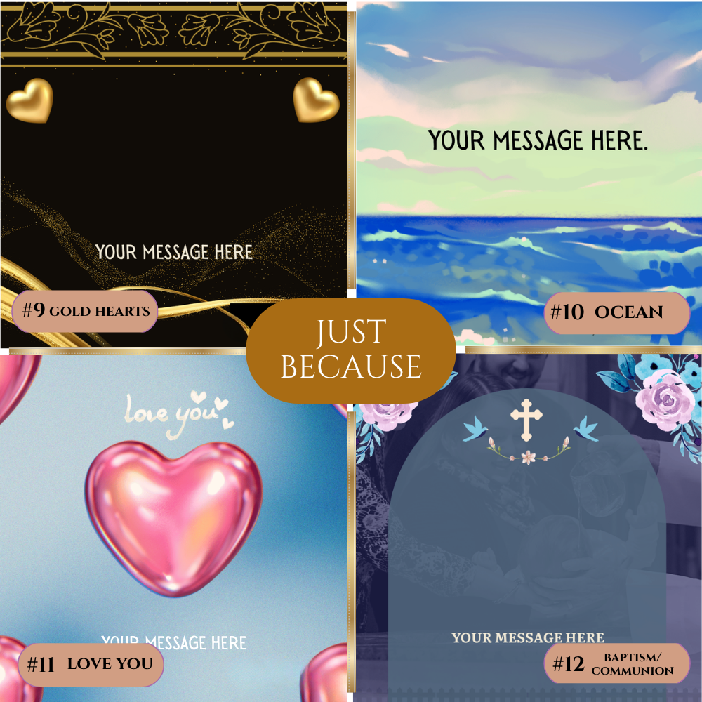 A collage showing four Valentine's Day themed baptism or communion invitation card designs labeled #9 Gold Hearts, #10 Ocean, #11 Love You, and #12 Baptism/Communion, with a central label reading JUST BECAUSE.
