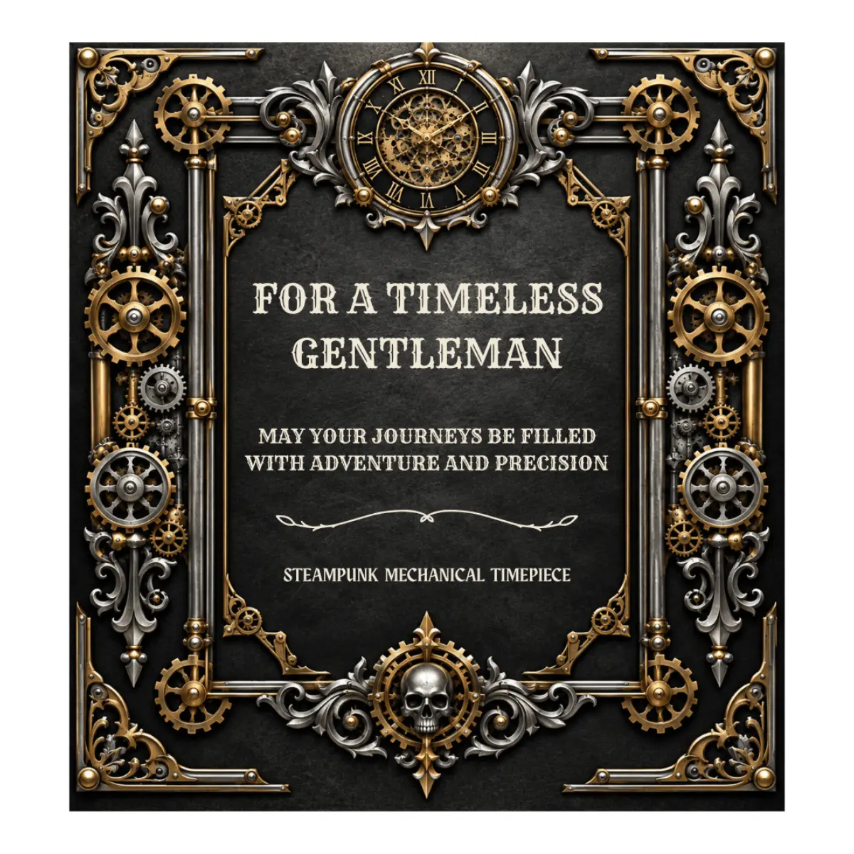 A steampunk-style decorative mechanical skeleton watch card insert featuring ornate gold and silver gears, scrollwork, a clock face at the top, and a skull motif at the bottom. The central text reads: 'FOR A TIMELESS GENTLEMAN', 'MAY YOUR JOURNEYS BE FILLED WITH ADVENTURE AND PRECISION', and 'STEAMPUNK MECHANICAL TIMEPIECE'.